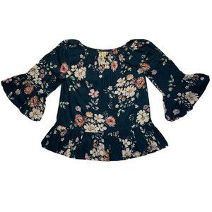Japna Floral Black Blouse Women's Small 3/4 Bell Sleeve Ruffle Top Soft Rayon